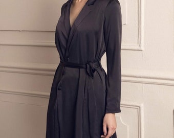 Silk Wrap Midi Dress - Split Satin Wrap Dress - Long Sleeve Wrap Dress - Black Collared Silk Dress - Dress For Women
