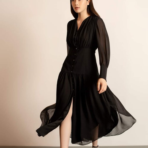 V Neckline Midi Silk Shirt Dress - Bishop Sleeve Silk Dress - Split Silk Dress - Button Up Satin Dress -Beautiful Silk Dress - Evening Dress
