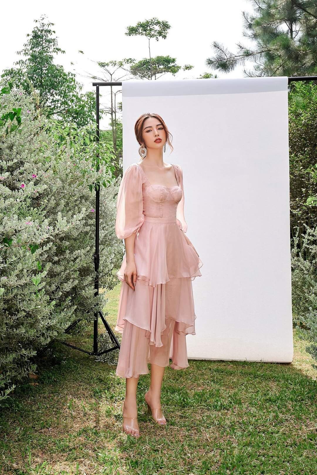 SecretGardenByTina Bracelet Sleeve Silk Midi Dress - Tiered Satin Dress - High Waist Silk Long Dress - Sweethreat Neckline Dress Women - Wedding Guest Dress