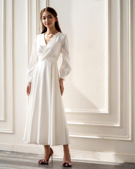 Long Sleeve Midi Dress V Neck 