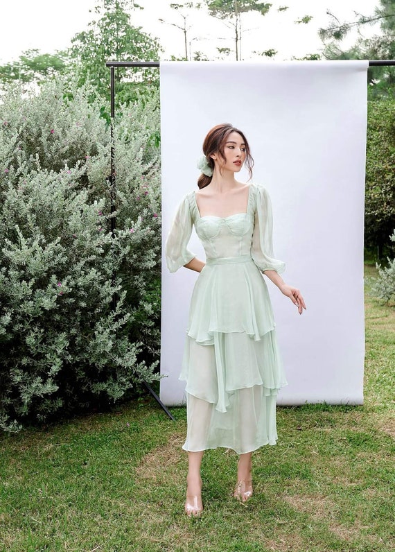 SecretGardenByTina Puff Sleeve Silk Midi Dress - Tiered Satin Dress - High Waist Silk Long Dress - Sweethreat Neckline Dress for Women - Wedding Guest Dress