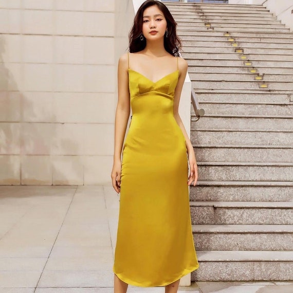 Thin Straps Silk Dress - Sweetheart Neckline Maxi Dress - Beautiful Satin Dress - Bodycon Wedding Guest Dress - Open Back Summer Silk Dress