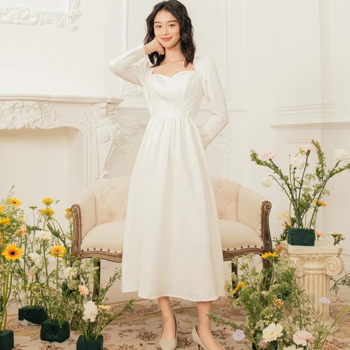 Summer A Line Dress For Women - Simple Midi Dress - Long Sleeve Silk Dress - White Midi Silk Dress - Feminine Dress