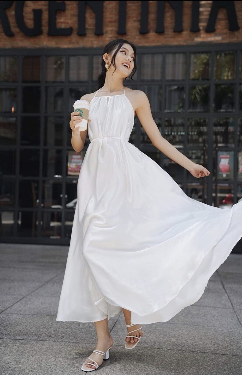Halter Neckline Dress Wedding Guest Silk Dress In White | Etsy