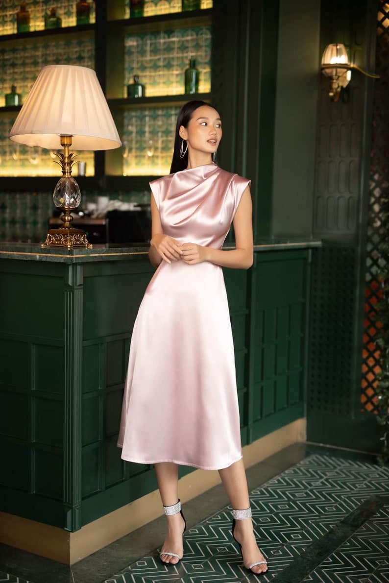 Wedding Guest Dress  High Waist Silk Dress  Short Sleeve image 1