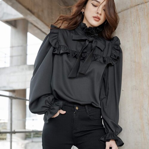 High Neck Silk Blouse Long Sleeve 