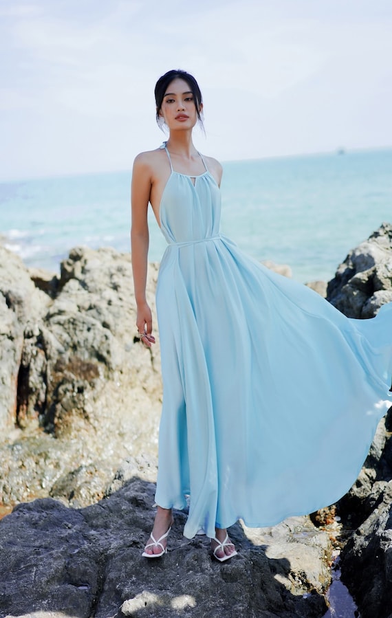 Blue Maxi Feminine Satin Dress Sleeveless Silk Dress Beach - Etsy Singapore