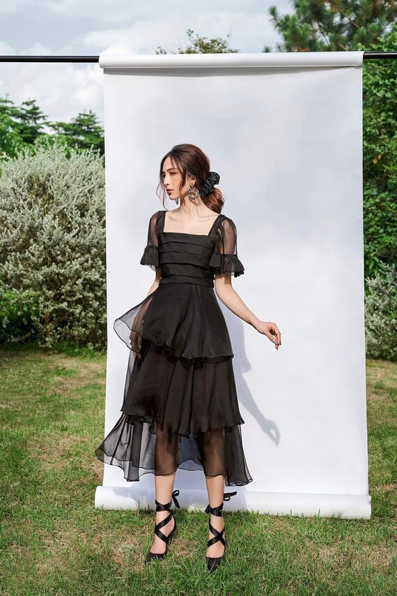 Sheer Short Sleeve Organza Midi Dress Frill Trim Tiered - Etsy