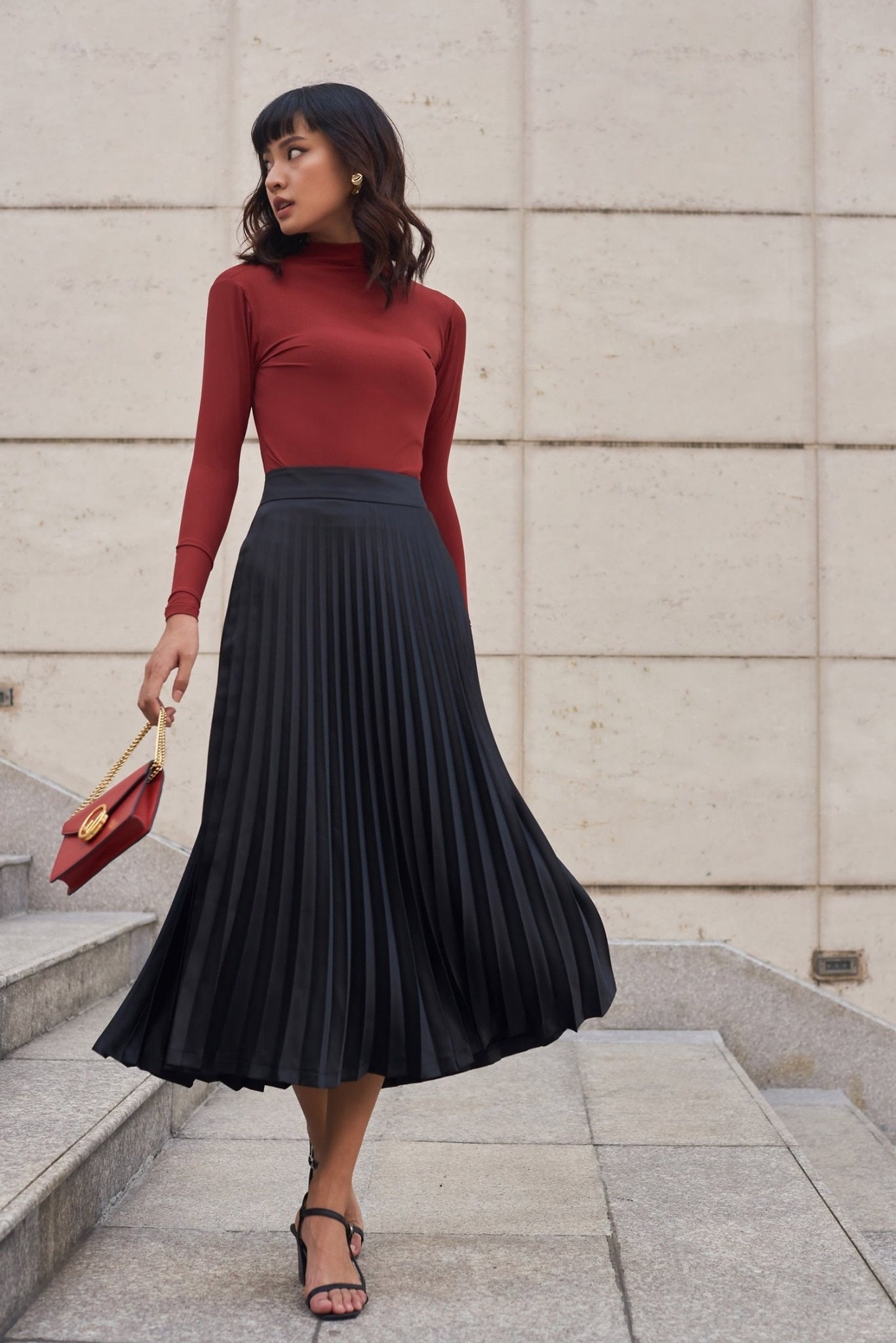 Silk top pleated skirt