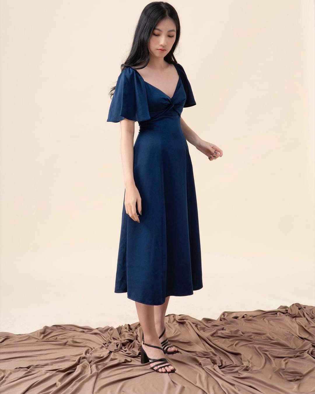 V Neckline Silk Midi Dress Women 