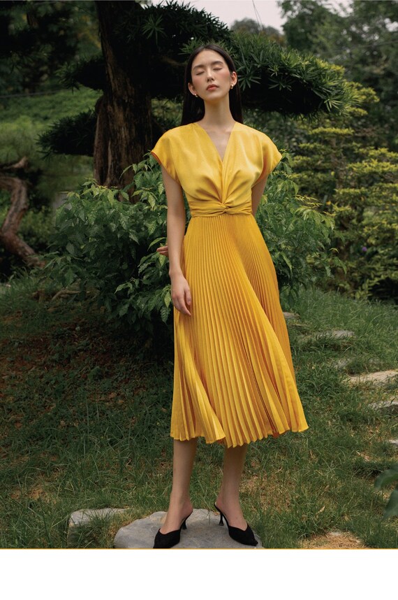 Zara yellow pleated dress cheap