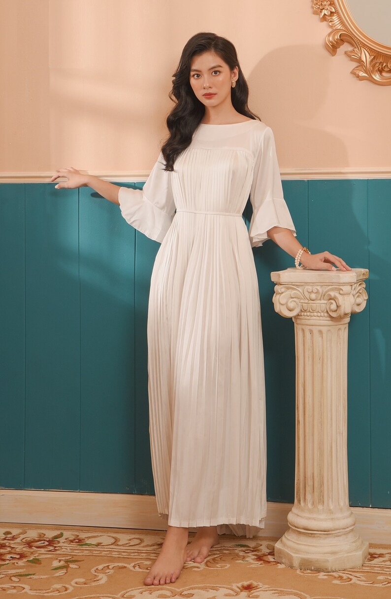 Pleated Maxi Dress For Women - Wedding Guest White Dress - Boat Neckline Silk Dress - Pattern 