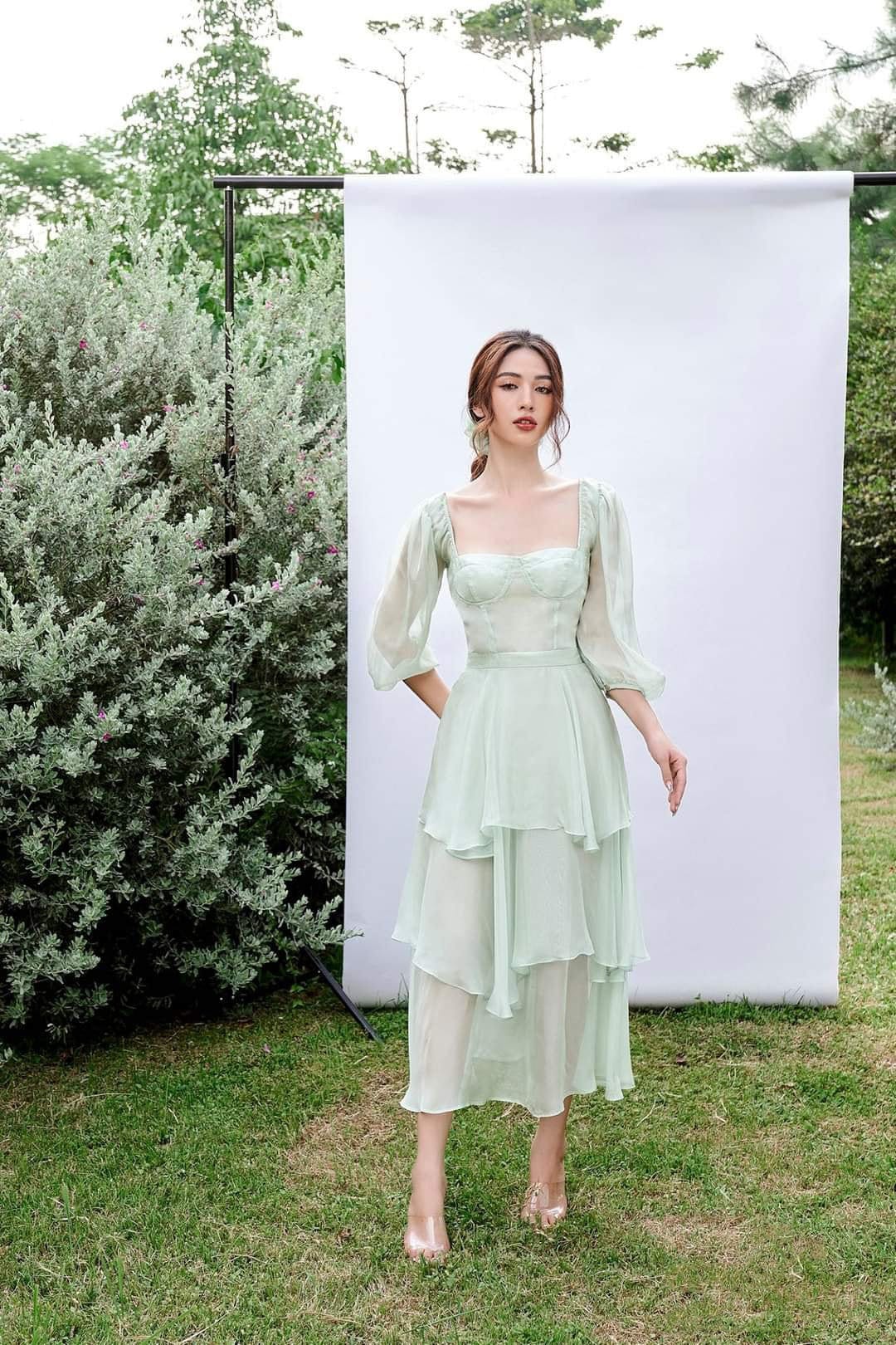 Puff Sleeve Silk Midi Dress Tiered 