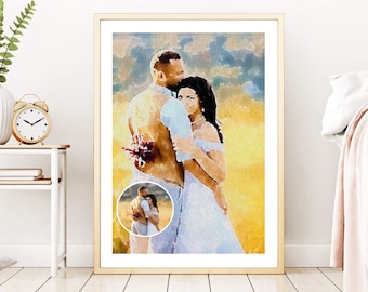 personalized photo illustration of newlyweds, painting portrait of couple, anniversary or wedding gift, digital illustration