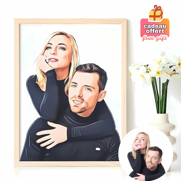 Ritratto di coppia, ritratto con disegno personalizzato da foto, illustrazione di famiglia, regalo personalizzato per la festa della mamma