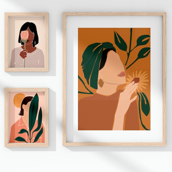 Affiche minimaliste femme avec plante et fleur pour décoration murale moderne, version numérique ou imprimée | 2 ACHETES, 3ème OFFERT