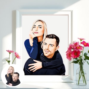 Portrait de couple, portrait dessin personnalisé à partir de photo, illustration de famille, cadeau personnalisé fête des mères