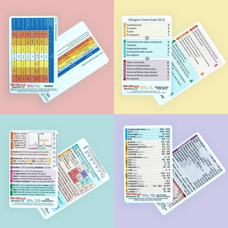 YardCard Bundle Reference Cards for Student Nurses, Medical Students, PA, Paramedic Students without card holder