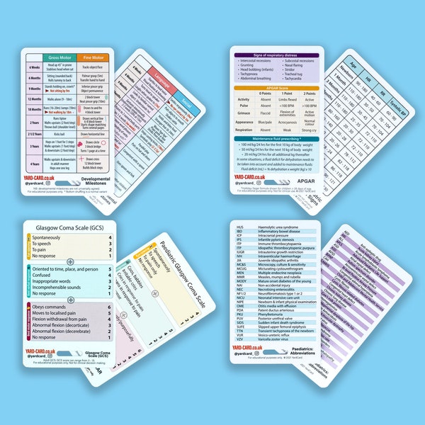 Paediatric YardCard Bundle - Reference Cards for Child Nurses, Medical Students Paediatric Placements, Play Therapists