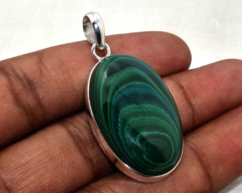 Genuine Malachite Gemstone 925 Sterling Solid Silver Pendant Designer Jewelry