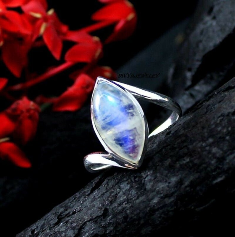 8x16 mm Marquise Blue Fire Rainbow Moonstone Gemstone Handmade 925 Solid Sterling Silver Jewelry Ring Size 6.5 gift for beautiful Girls