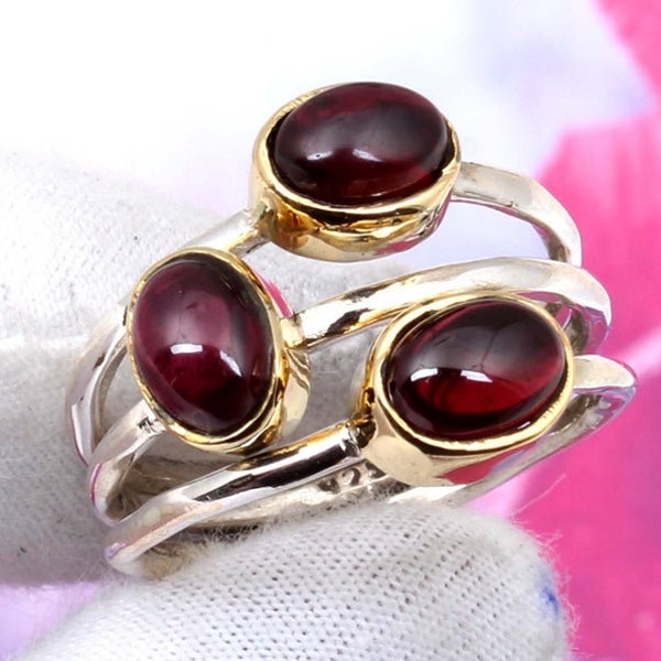 Garnet Ring, Stacking Ring, 925 Sterling Silver, Three Band Ring Oval Shape, Red Color Stone, Pure Silver, Handmade Ring, Made Gift For Her,