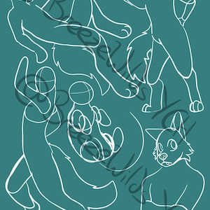 Könnte beinhalten: Ein tealfarbener Hintergrund mit weißen Strichzeichnungen verschiedener anthropomorpher Tierposen. Das Wort "Name" ist in einer kursiven Schriftart oben geschrieben. Das Bild enthält eine Vielzahl von Posen, darunter Liegen, Stehen und Sitzen.