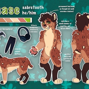 Op de afbeelding: Illustratie van een sabeltand-personage genaamd Chase, met bruine vacht en vlekken. De afbeelding bevat een kleurenpalet, controllers, een koptelefoon en een vrijetijdsbroek. Tekst bevat "Chase", "sabretooth" en "he/him".