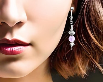 Boho Clip on Amethyst Earrings - Handmade Gemstone Healing Crystal Jewelry