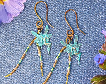 Dainty Beaded Tassel & Fairy Earrings - Magical Nature Art Nouveau Jewelry