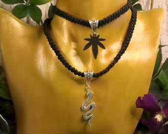 Statement Snake Necklace & Hemp Leaf Black Choker Necklace. Handmade Hemp Macrame Hippie Boho Bohemian Jewelry Gift