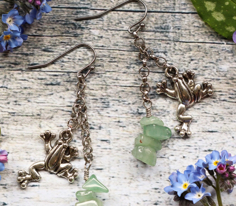 Frog & Peridot Earrings Healing Crystal Jewelry frog earrings with Peridot crystal detail Handmade Jewelry & Original Art Prints by Joanne Shaw