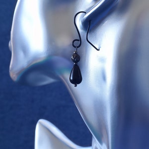 Black Onyx gemstone Earrings Model Shot. Empath Protection Amulet Teardrop Earrings, Healing Crystal Jewelry / Gemstone Jewelry