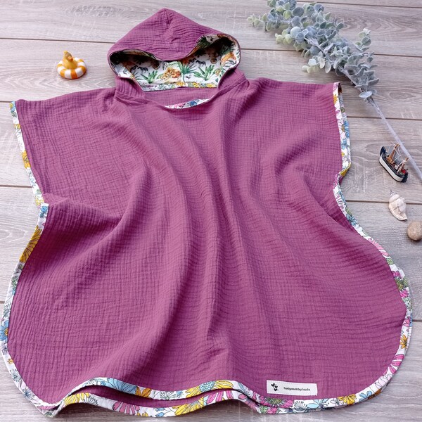 Bath poncho muslin burgundy colors for children from approx. 2 years