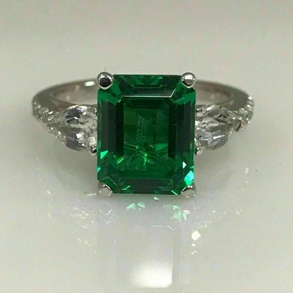 White Gold Plated Silver 3Ct Emerald Lab Created Emerald Three-Stone Ring vintage emerald ring, cluster ring