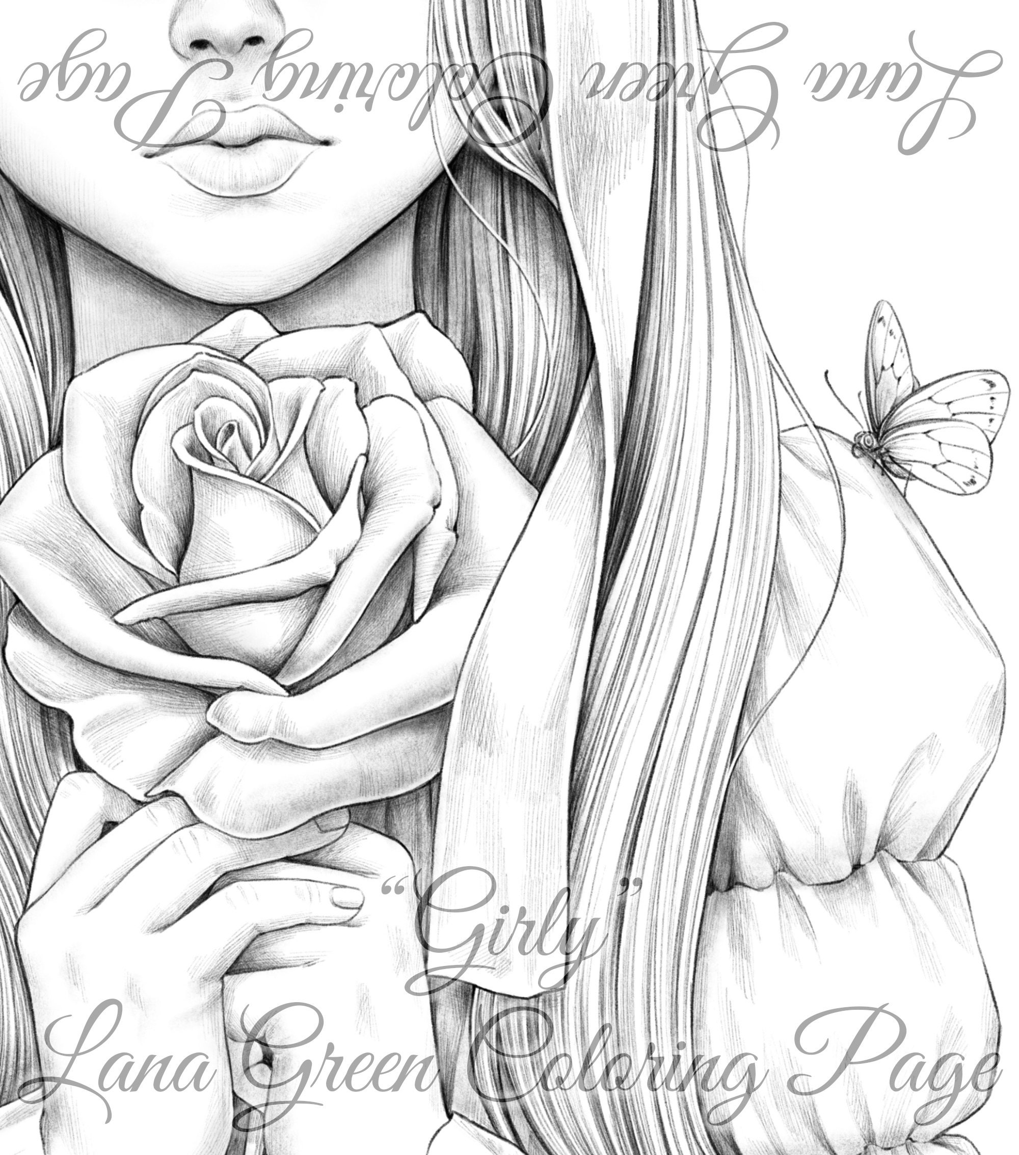 Girly Coloring Page for Adults Grayscale Coloring Page - Etsy