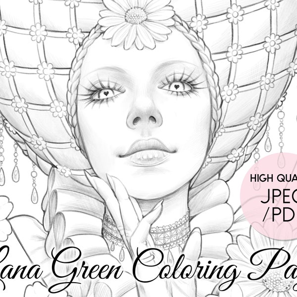 Lady Heart • Coloring Page for Adults • Grayscale Coloring Page  • Instant Download • Lana Green Art • JPEG, PDF