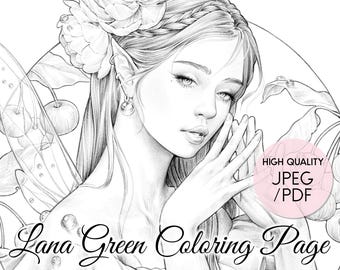 Fairy Crimson • Coloring Page for Adults • Grayscale Coloring Page  • Instant Download • Lana Green Art • JPEG, PDF
