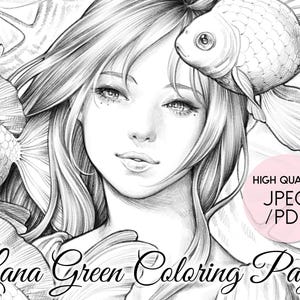 以下が含まれることがあります： 長い髪の女性が金魚と水生植物に囲まれた白黒イラスト。下部には「Lana Green Coloring Page」の文字があり、「HIGH QUALITY JPEG / PDF」と書かれたピンク色の円があります。