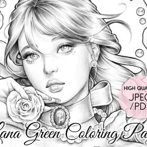 Könnte beinhalten: Eine Schwarzweiß-Malvorlage mit einer Frau mit langen, fließenden Haaren, einer Rose und einem Schlüsselloch-Anhänger. Der Text "Lana Green Coloring Page" befindet sich am unteren Rand der Seite. Hochwertige JPEG- und PDF-Dateien sind verfügbar.