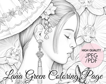 Orchid Rain • Coloring Page for Adults • Grayscale Coloring Page  • Instant Download • Lana Green Art • JPEG, PDF