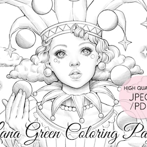 以下が含まれることがあります： 王冠と道化師の帽子をかぶった道化師の白黒の線画。道化師は手にボールを持っています。道化師は雲と星に囲まれています。画像の下部に「Lana Green Coloring Page」というテキストがあります。