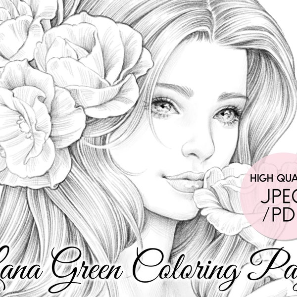 Favorite Flower • Coloring Page for Adults • Grayscale Coloring Page  • Instant Download • Lana Green Art • JPEG, PDF