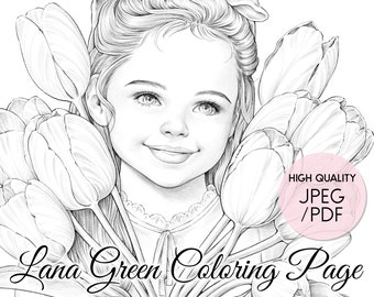 Smile • Floral Babies • Coloring Page for Adults • Grayscale Coloring Page  • Instant Download • Lana Green Art • JPEG, PDF