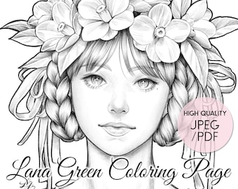 Camellia Maiden • Coloring Page for Adults • Grayscale Coloring Page  • Instant Download • Lana Green Art • JPEG, PDF