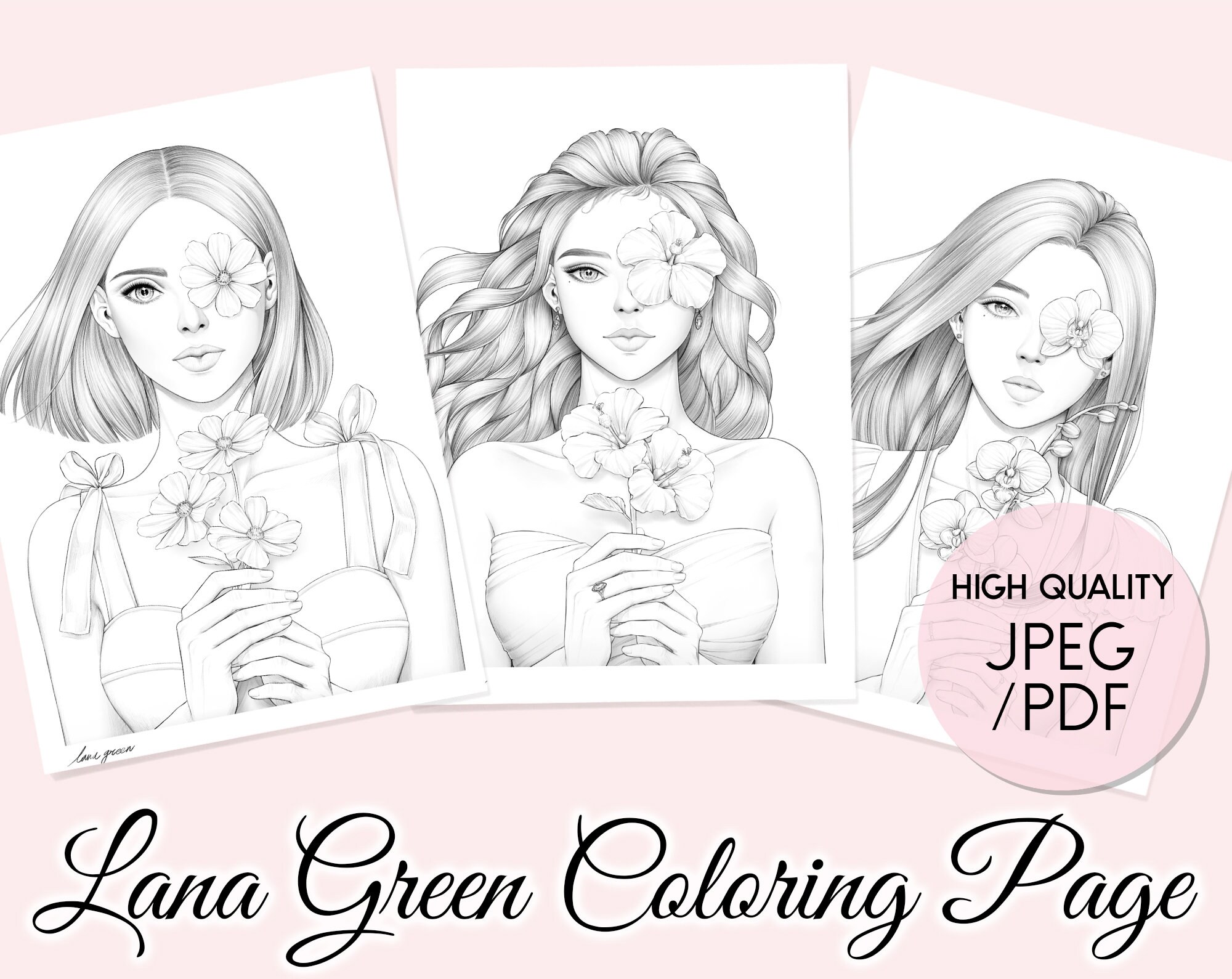 Flower Face Set 4-6 Coloring Page for Adults Grayscale - Etsy