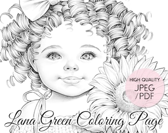 Sunny • Floral Babies • Coloring Page for Adults • Grayscale Coloring Page  • Instant Download • Lana Green Art • JPEG, PDF