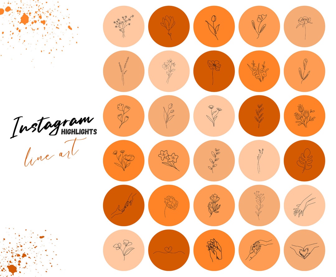 150 Orange Instagram Highlight Covers Line Art Orange Multiple Designs