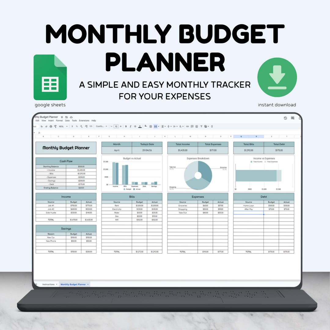 Monthly Budget Planner - Google Sheets Finance Tracker - Budget Vs ...