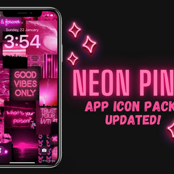 UPDATED 600+ Neon Pink App Icon Pack - Custom Home Screen - iPhone / iPad - Neon Symbols - Graphic Square & Wide Widgets - Pink Wallpapers